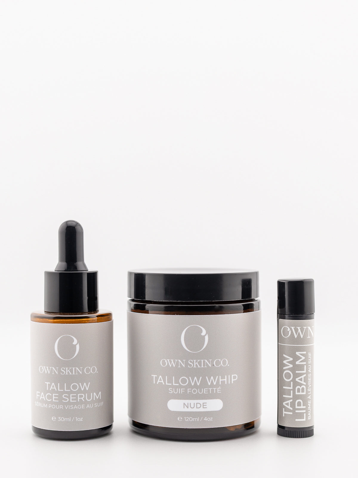 Beef Tallow For Face Skincare set including tallow face serum, tallow moisturizer and beef tallow lip balm on white background