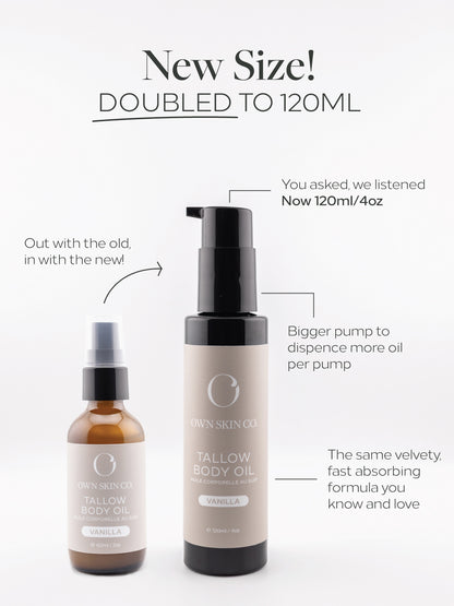 Two bottles of tallow body oil with text highlighting the new size and features.