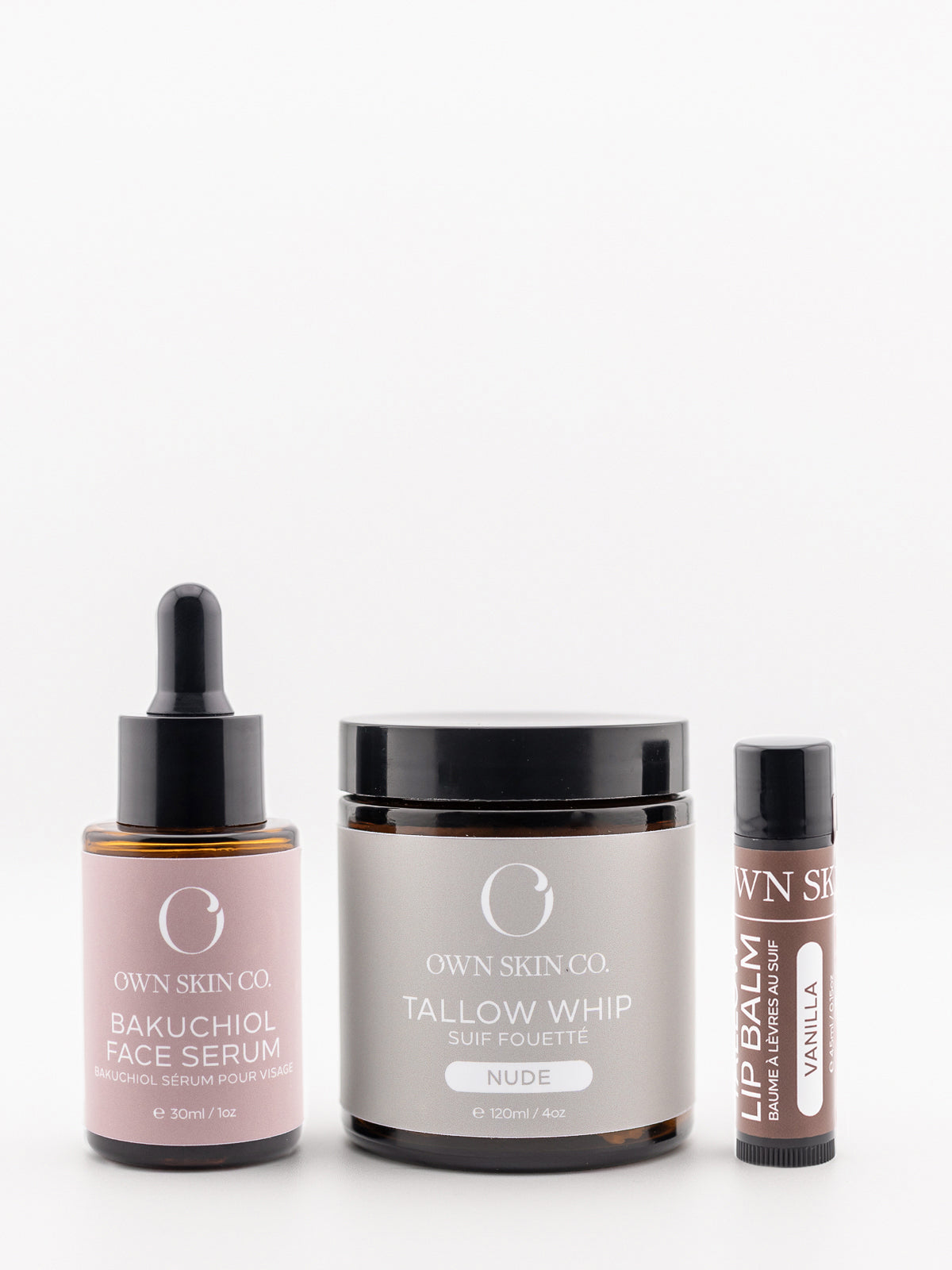 Bakuchiol retinol alternative serum and unscented beef tallow moisturizer face skincare set on white background