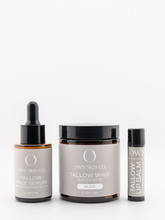 Beef Tallow For Face Skincare set including tallow face serum, tallow moisturizer and beef tallow lip balm on white background