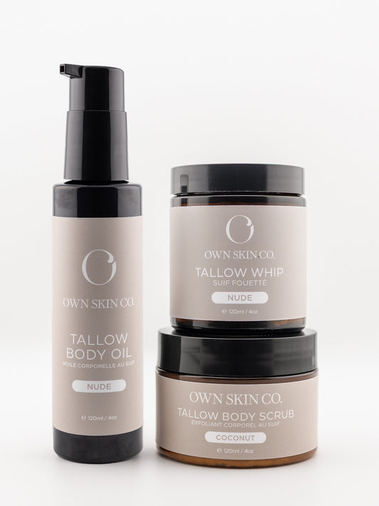 Beef Tallow Body Care Set that includes a tallow body oil, tallow whipped moisturizer and a tallow body scrub. Stacked on a white background