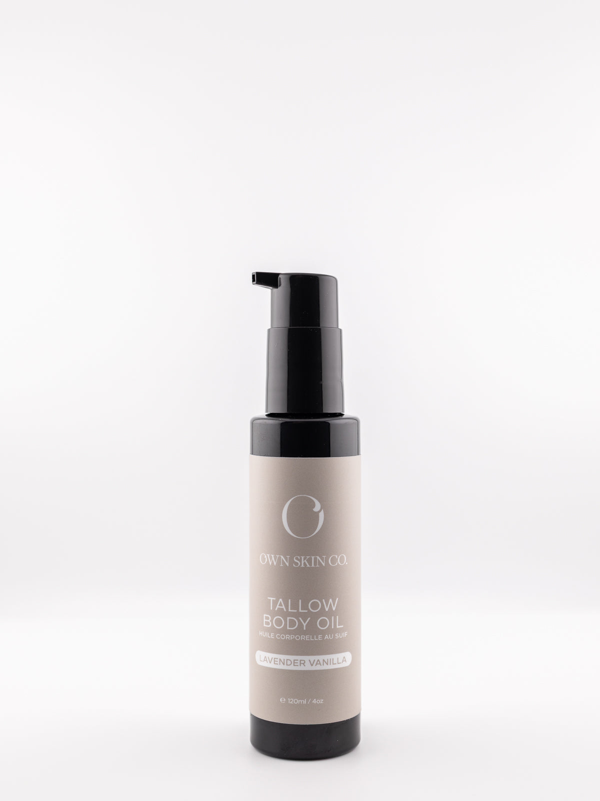Tallow body oil lavender vanilla scent 120ml bottle with pump on a white background