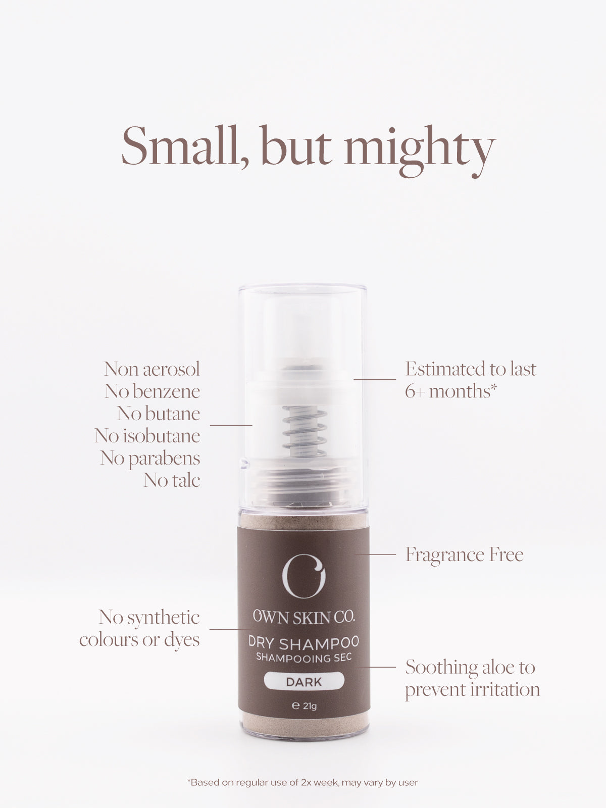 Natural Dry Shampoo, listed benefits: non aerosol, no benzene, no butane, no isobutane, no parabens, no talc, no synthetic colours or dyes,estimated to last 6+ months, fragrance free, soothing aloe to prevent irritation