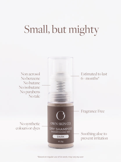 Natural Dry Shampoo, listed benefits: non aerosol, no benzene, no butane, no isobutane, no parabens, no talc, no synthetic colours or dyes,estimated to last 6+ months, fragrance free, soothing aloe to prevent irritation