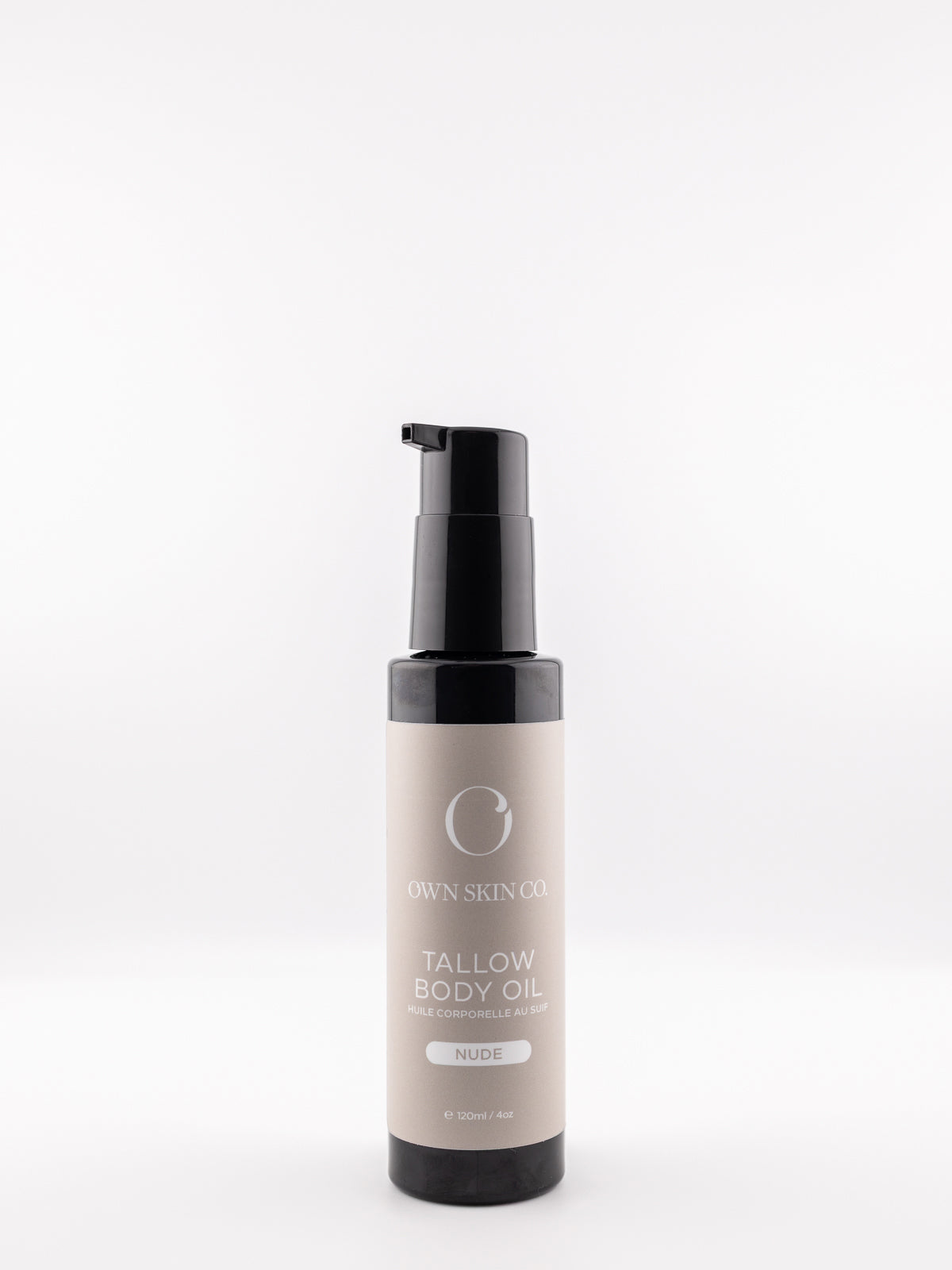 Bottle of unscented tallow body oil on a white background fragrance free