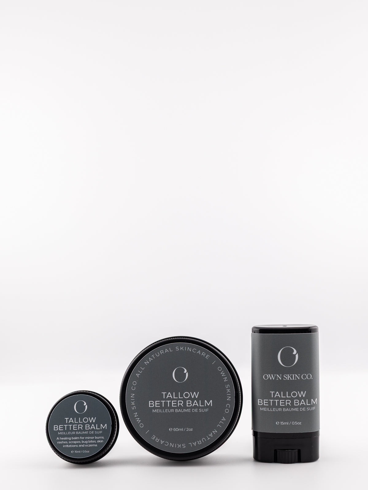 Two Healing Tallow Better Balms and one skincare beef tallow stick lined up with a white background