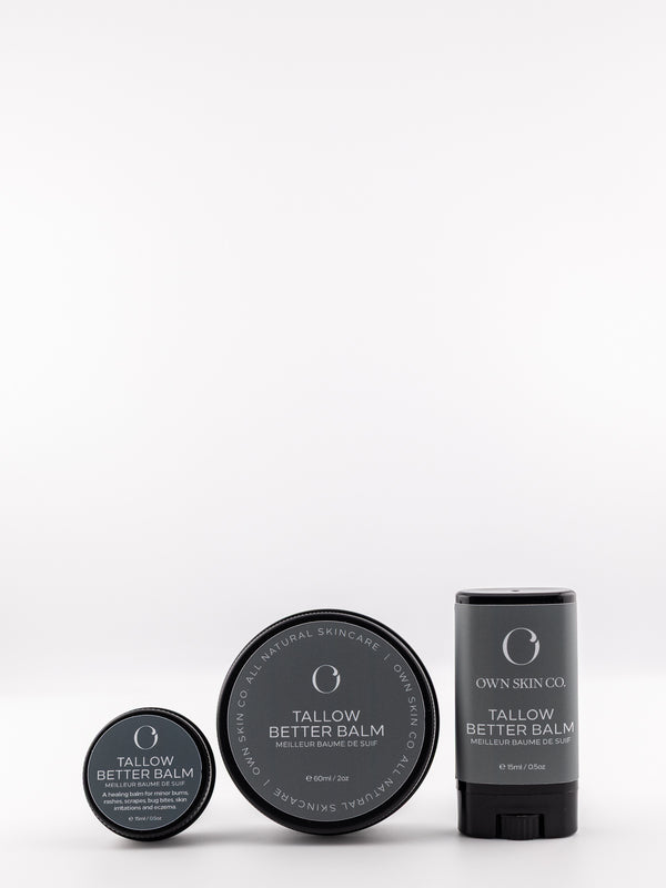 Two Healing Tallow Better Balms and one skincare beef tallow stick lined up with a white background