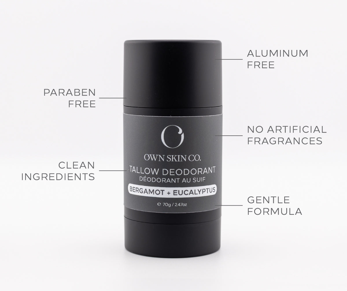 Black tallow deodorant stick with text highlighting features on a white background