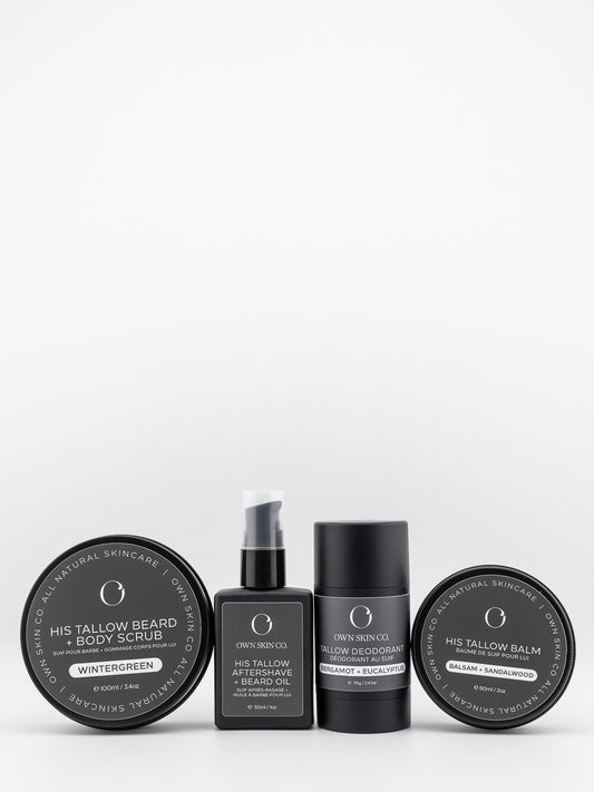 Men's Beef Tallow Skincare including balm, deodorant, beard scrub and beard oil in a line with white background