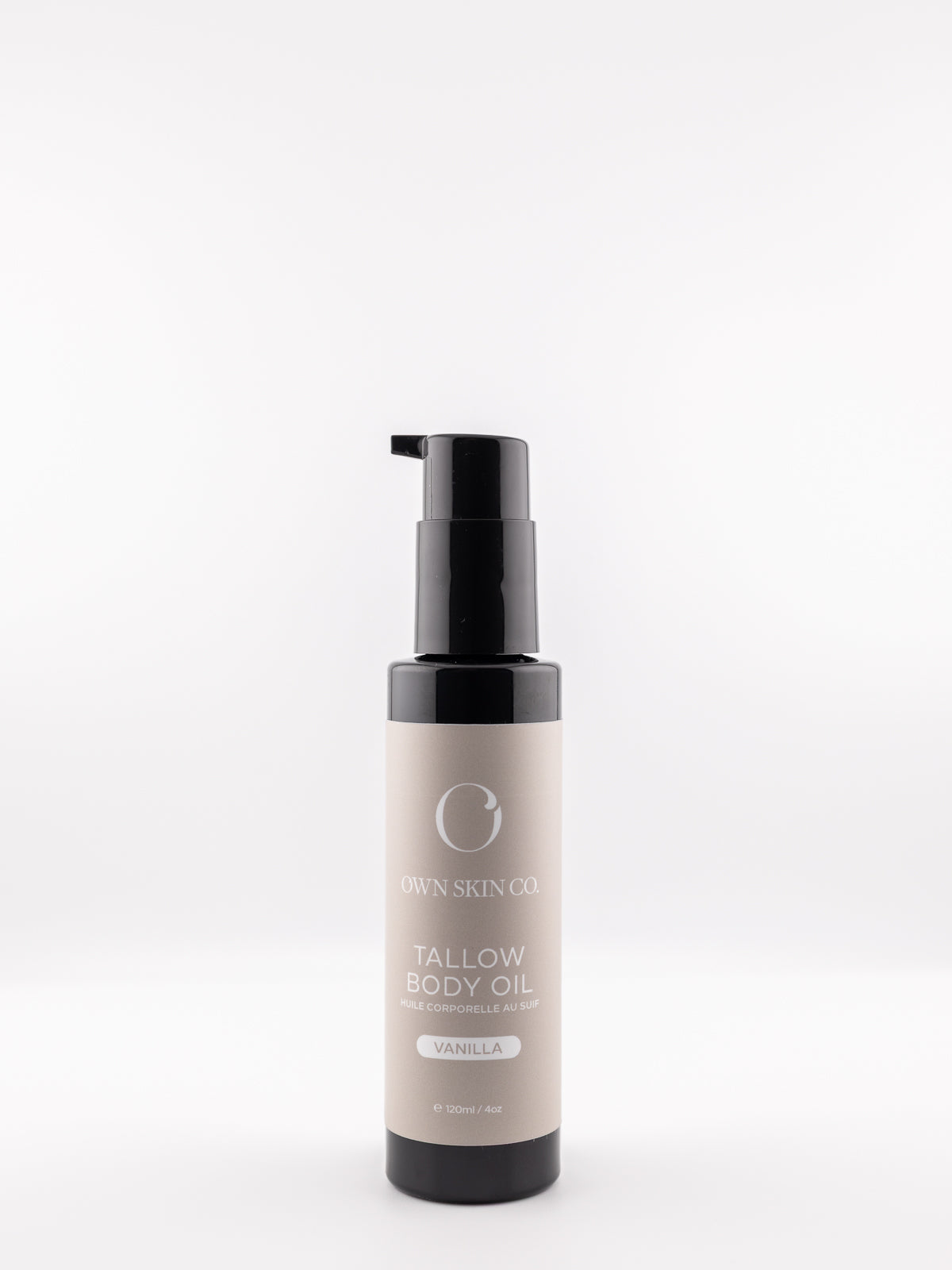 Bottle of natural Vanilla tallow body oil on a white background 