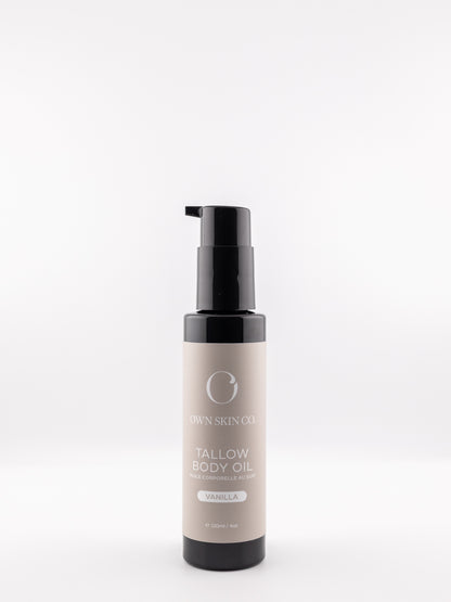 Bottle of natural Vanilla tallow body oil on a white background 
