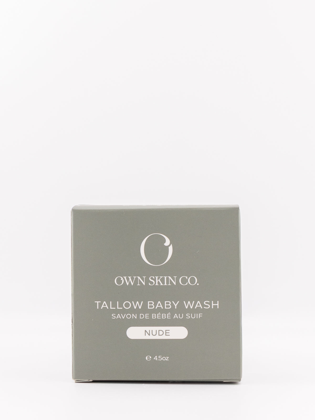 Own Skin Co. Tallow Baby Wash in 'Nude' packaging, shown as a square gray box on a clean white background.