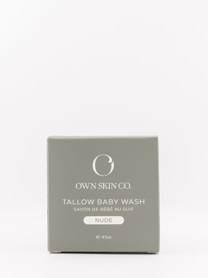 Own Skin Co. Tallow Baby Wash in 'Nude' packaging, shown as a square gray box on a clean white background.