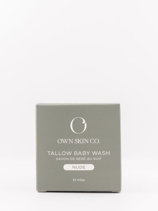Own Skin Co. Tallow Baby Wash in 'Nude' packaging, shown as a square gray box on a clean white background.