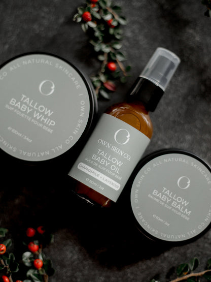 Natural, Unscented baby skincare with beef tallow made in Canada, trio of three natural baby lotion set with christmas greens