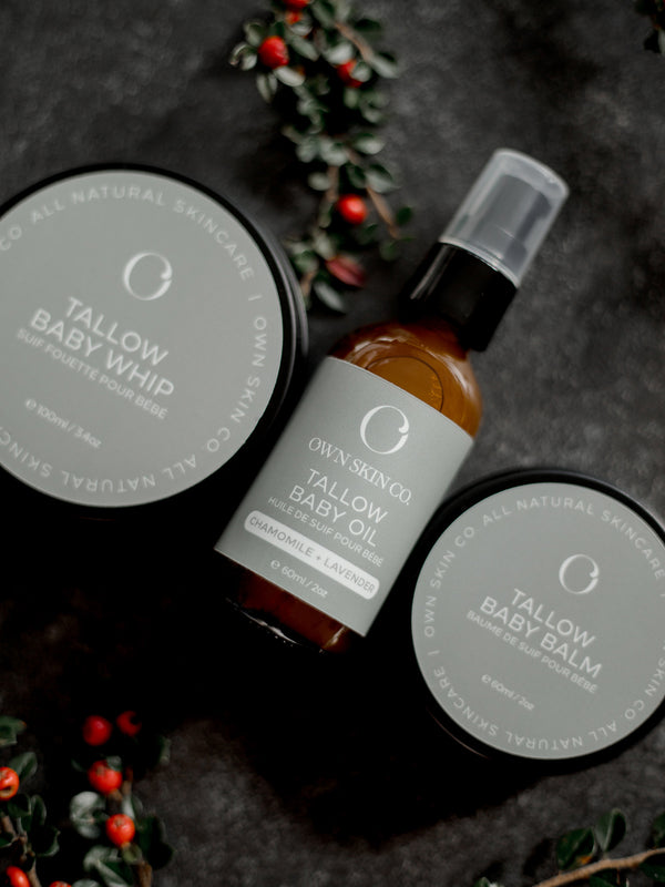 Natural, Unscented baby skincare with beef tallow made in Canada, trio of three natural baby lotion set with christmas greens