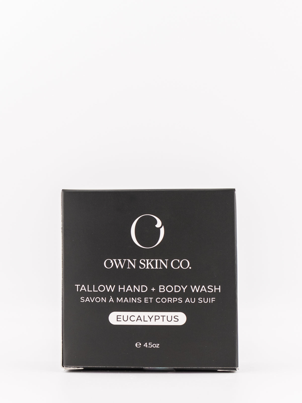 Own Skin Co. Tallow Hand & Body Wash in Eucalyptus scent, shown in its black rectangular packaging box against a clean white background.
