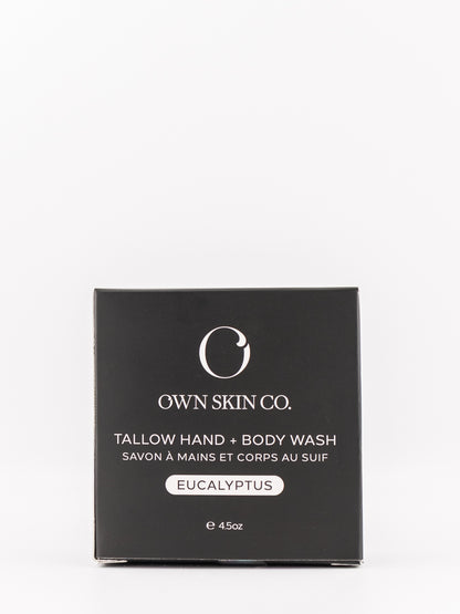 Own Skin Co. Tallow Hand & Body Wash in Eucalyptus scent, shown in its black rectangular packaging box against a clean white background.