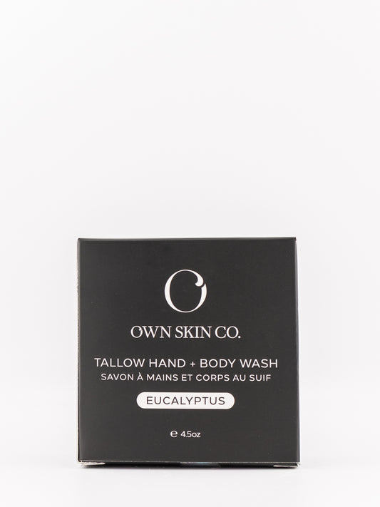 Own Skin Co. Tallow Hand & Body Wash in Eucalyptus scent, shown in its black rectangular packaging box against a clean white background.