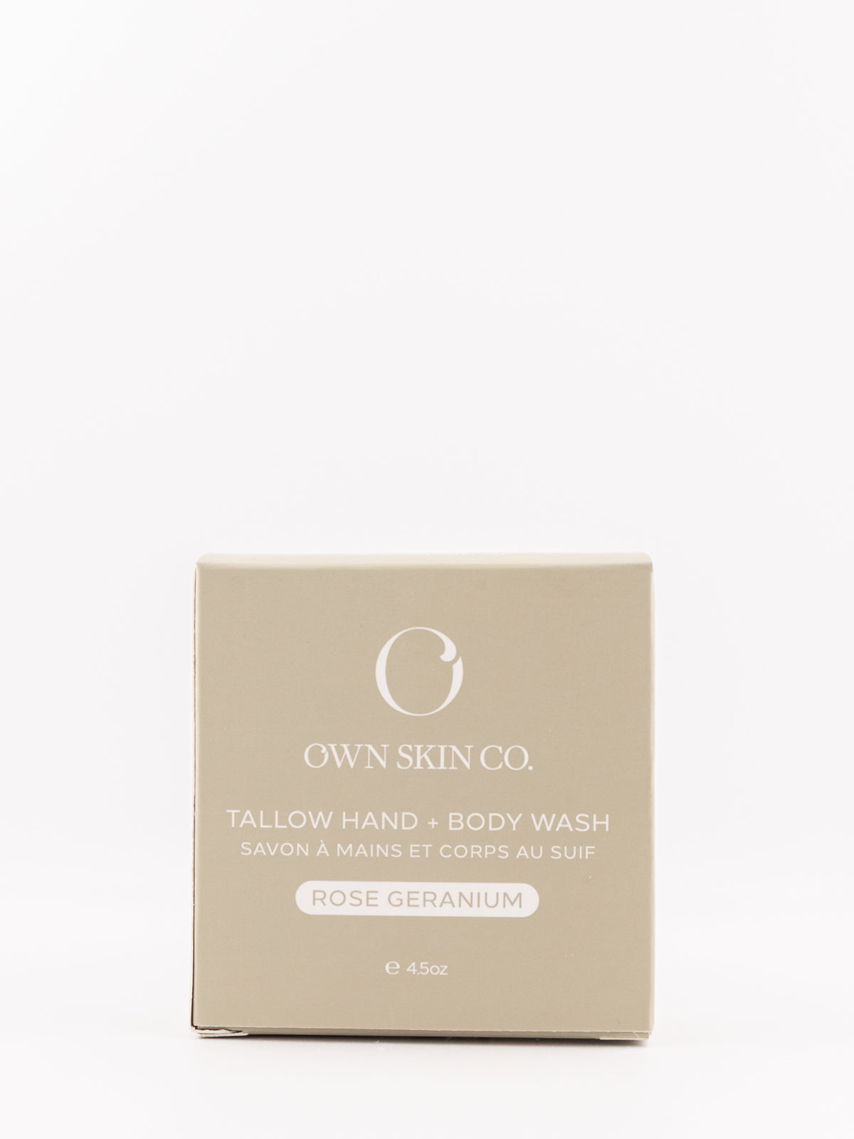 OWN SKIN CO. Tallow Hand & Body Wash in Rose Geranium scent, shown in its beige cardboard packaging box against a clean white background.