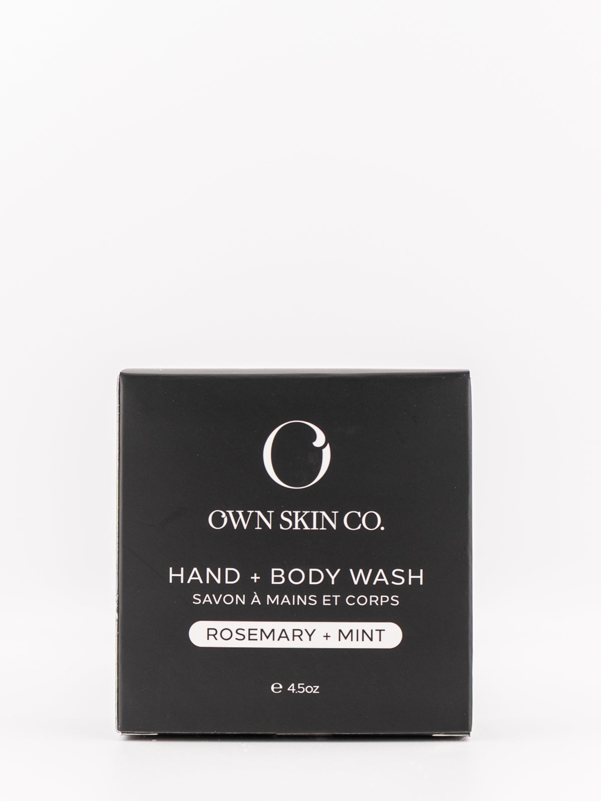Own Skin Co. Hand & Body Wash box in Rosemary and Mint scent, shown in a matte black square box with white text on a clean white background.