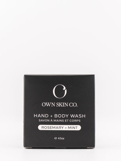 Own Skin Co. Hand & Body Wash box in Rosemary and Mint scent, shown in a matte black square box with white text on a clean white background.