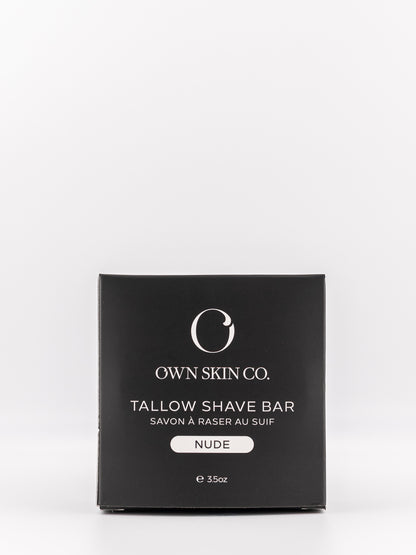 Own Skin Co. Tallow Shave Bar in unscented packaging, shown as a square black box with white text on a clean white background.