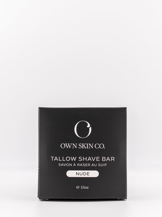 Own Skin Co. Tallow Shave Bar in unscented packaging, shown as a square black box with white text on a clean white background.