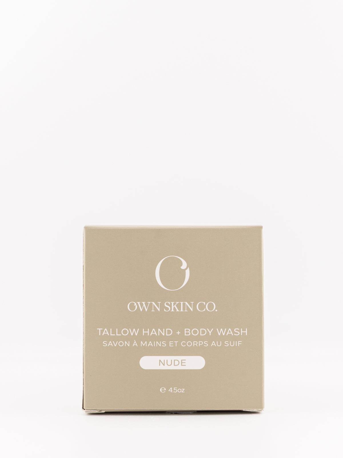 Own Skin Co. Tallow Hand & Body Wash in the shade NUDE, shown in its minimalist beige cardboard packaging box against a clean white background.