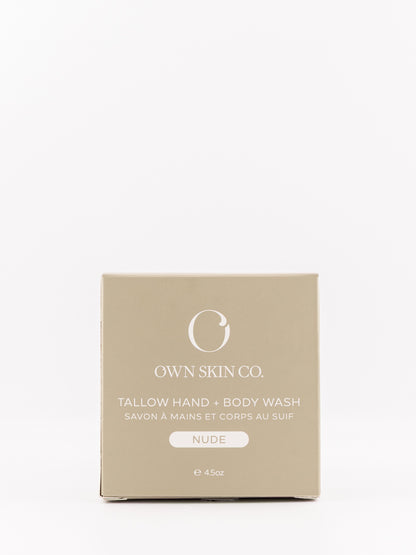 Own Skin Co. Tallow Hand & Body Wash in the shade NUDE, shown in its minimalist beige cardboard packaging box against a clean white background.