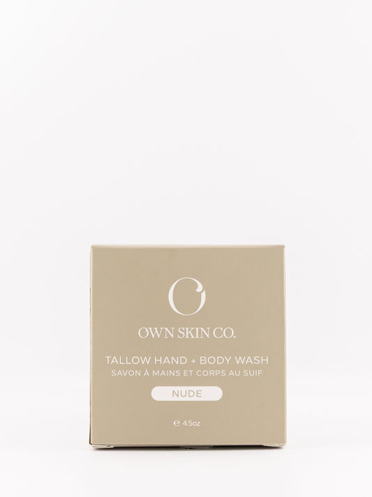 Own Skin Co. Tallow Hand & Body Wash in the shade NUDE, shown in its minimalist beige cardboard packaging box against a clean white background.